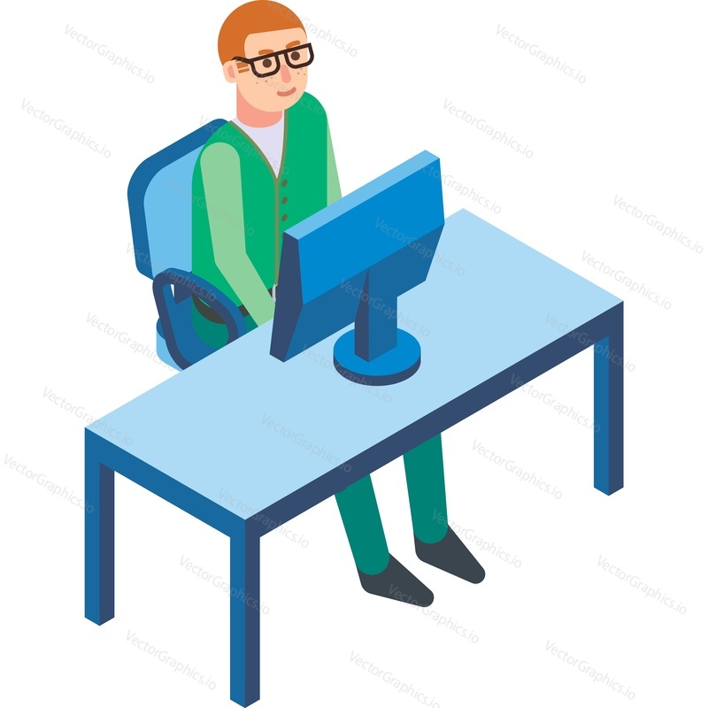 Man working at computer vector. Remote work icon. Designer freelancer, businessman at workplace isolated on white background