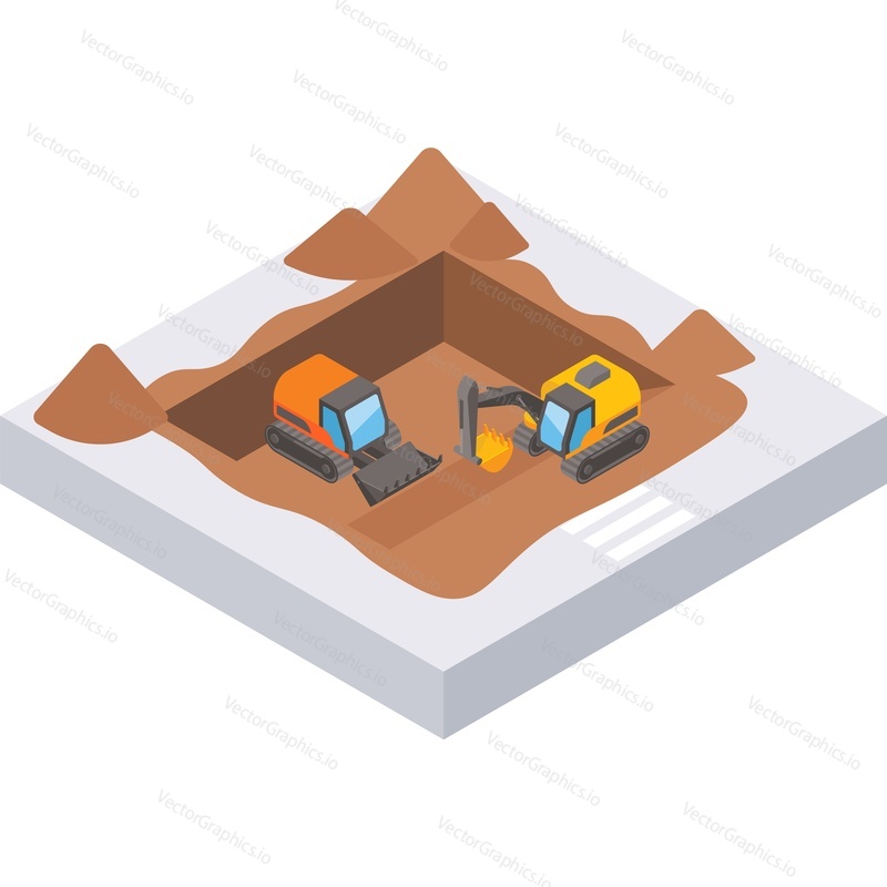 House construction site icon. Vector excavator digging pit for foundation. Building process. 3d isometric design isolated on white background