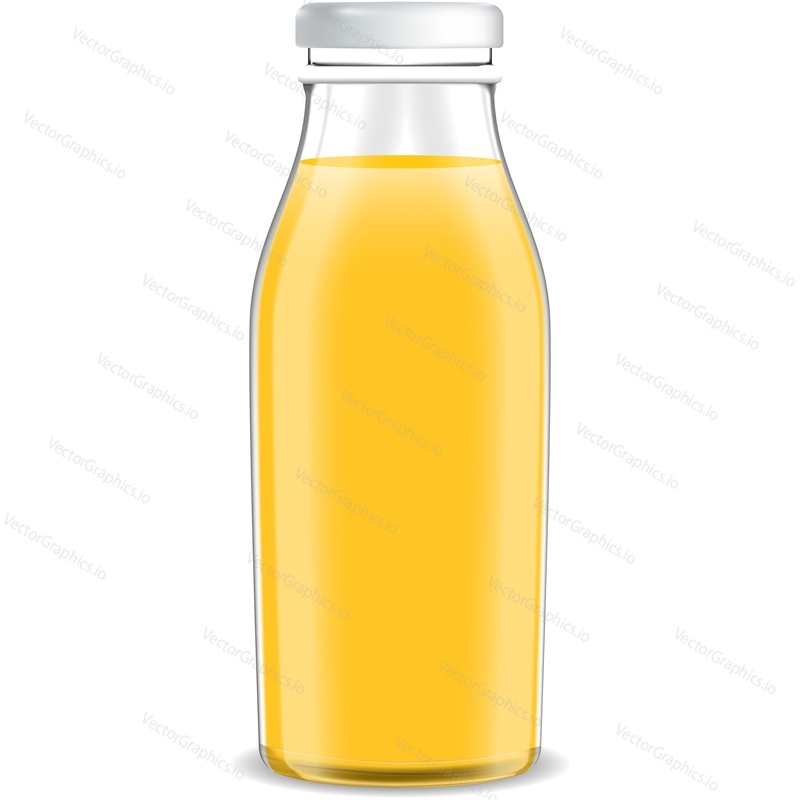 Full juice or milk bottle vector icon. Glass or transparent plastic drink jar with cap mockup isolated on white background