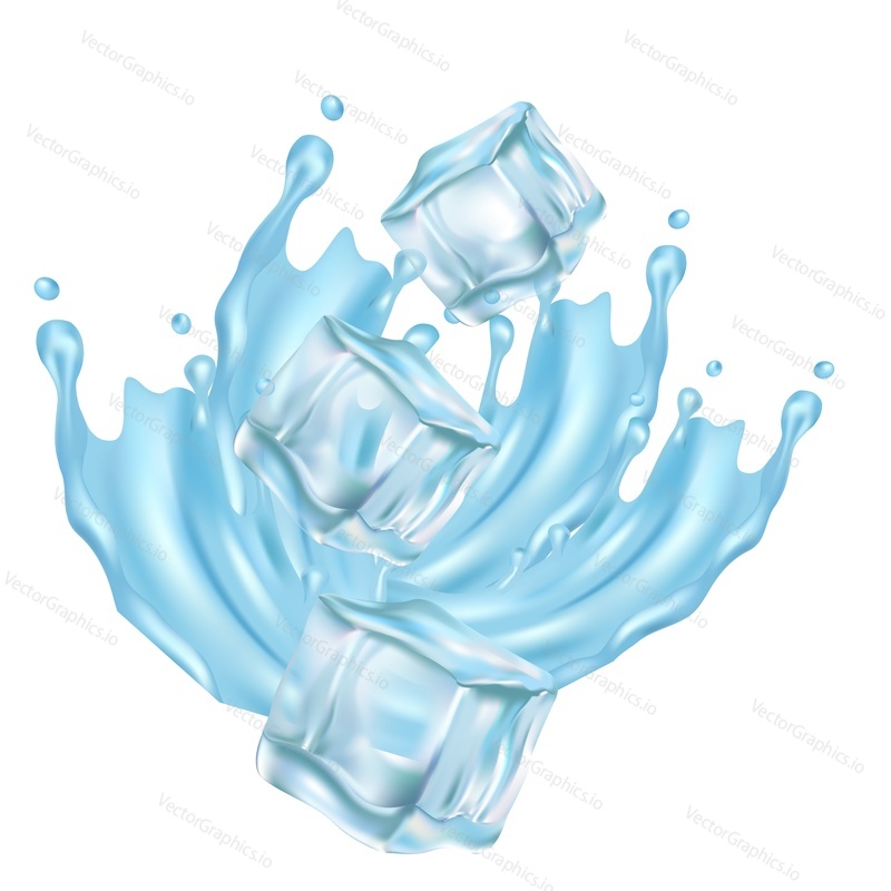 Several ice cube falling into liquid vector icon. Cold drink 3d isometric design element isolated on white background