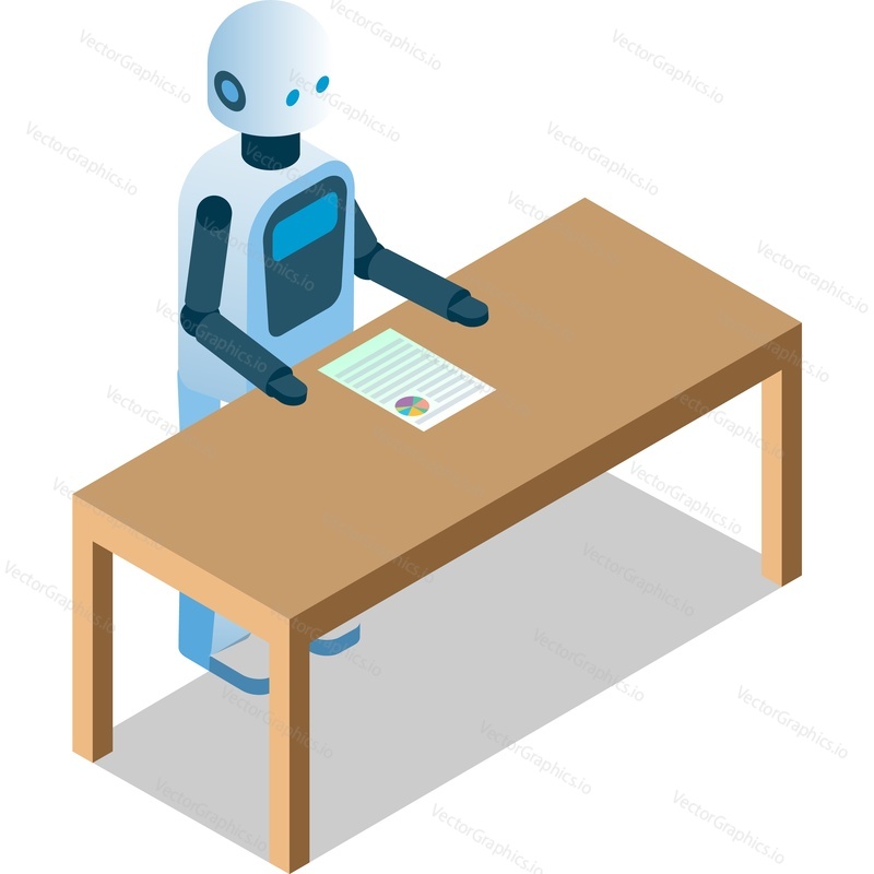 Robot icon. Robotic analytics worker sitting at table vector. Humanoid making statistic report presentation in diagram and chart. Artificial intelligence data processing