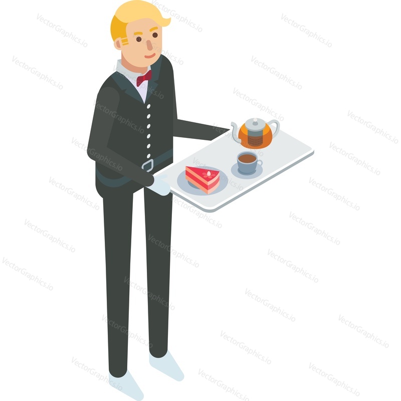 Waiter holding tray with food order vector icon. Cafe or restaurant staff portrait. Delivery service