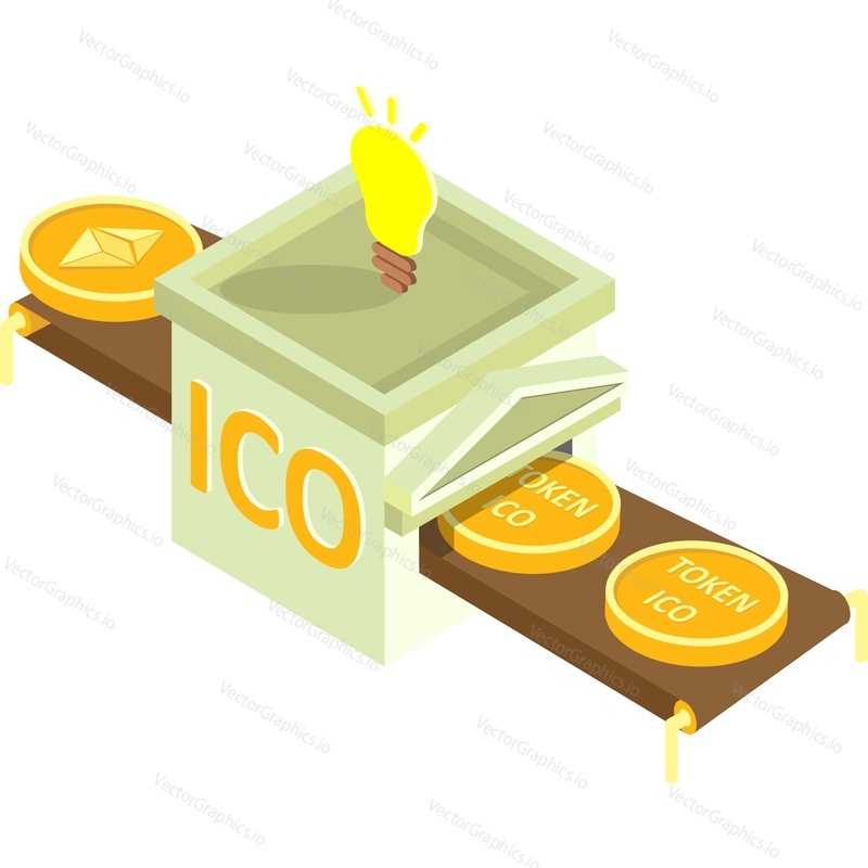 Crypto coin conveyor vector isometric 3d icon isolated on white background. Cryptocurrency money production, mining and converting