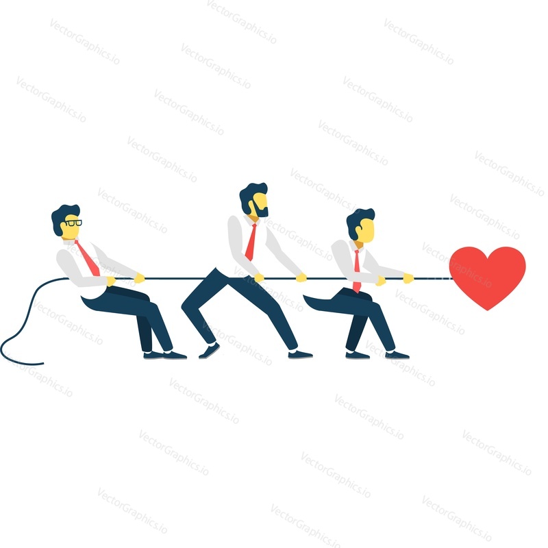 Businessman team pulling heart on rope vector icon isolated on white background. Business teamwork and attraction strategy