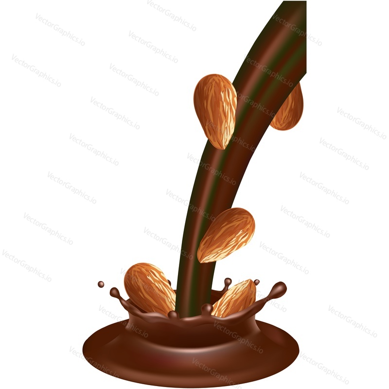 Pouring chocolate and almond vector icon isolated on white background. 3d cocoa splash and nuts. Sweet dessert brand design element