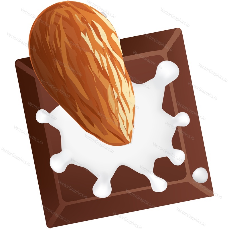 Chocolate slice with almond and milk splash icon realistic vector. Sweet dessert brand design element isolated on white background