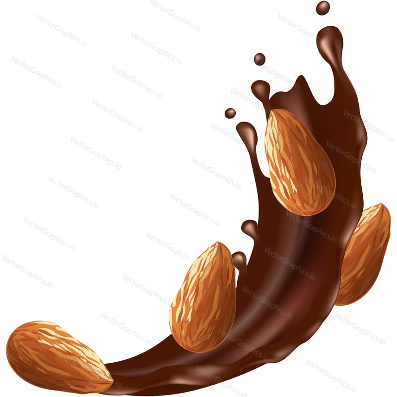 Milk chocolate as splashing liquid and almond seeds vector icon isolated on white background. 3d design element