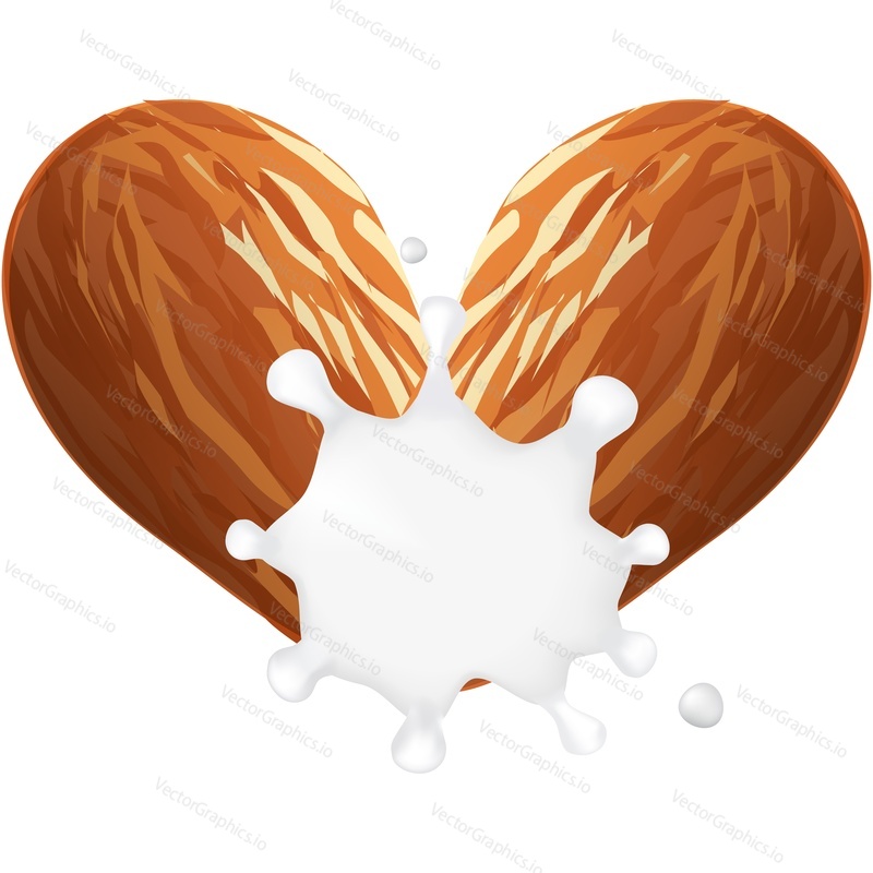 Almond nut in shape of heart with milk splash vector icon. Advertising mockup 3d design isolated on white background