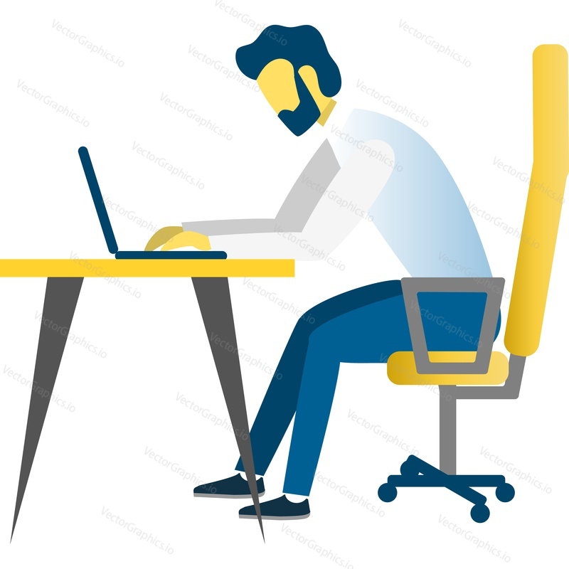 Man worker icon vector. Freelancer working on laptop sitting at desk isolated on white background. Office work, business on computer