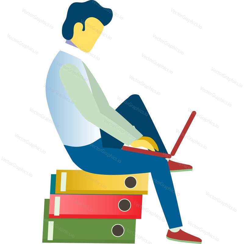 Busy male employee icon vector. Guy freelancer sitting at stack of documents folder with laptop and working remotely