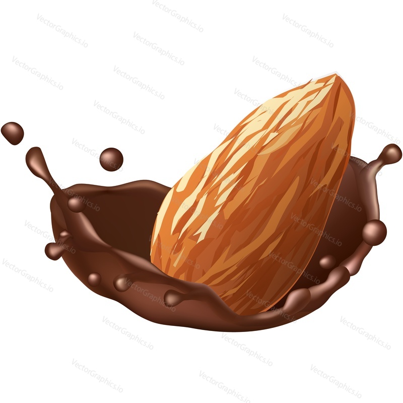 Almond falling into chocolate with splash realistic vector icon isolated on white background. 3d sweet dessert with nuts brand design element