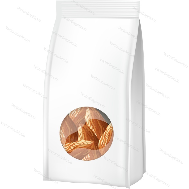 Almond nut snack balíček maketa vektorové ikony. Sáček nebo sáček se zipem izolovaných na bílém pozadí