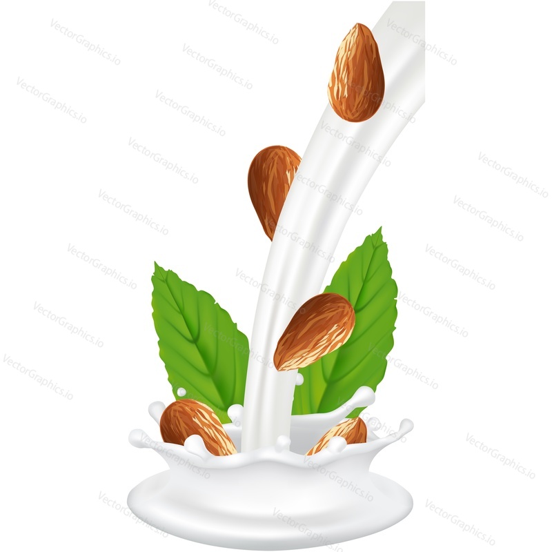 Milk flow, almond and mint leaves vector icon. Advertising mockup 3d design isolated on white background