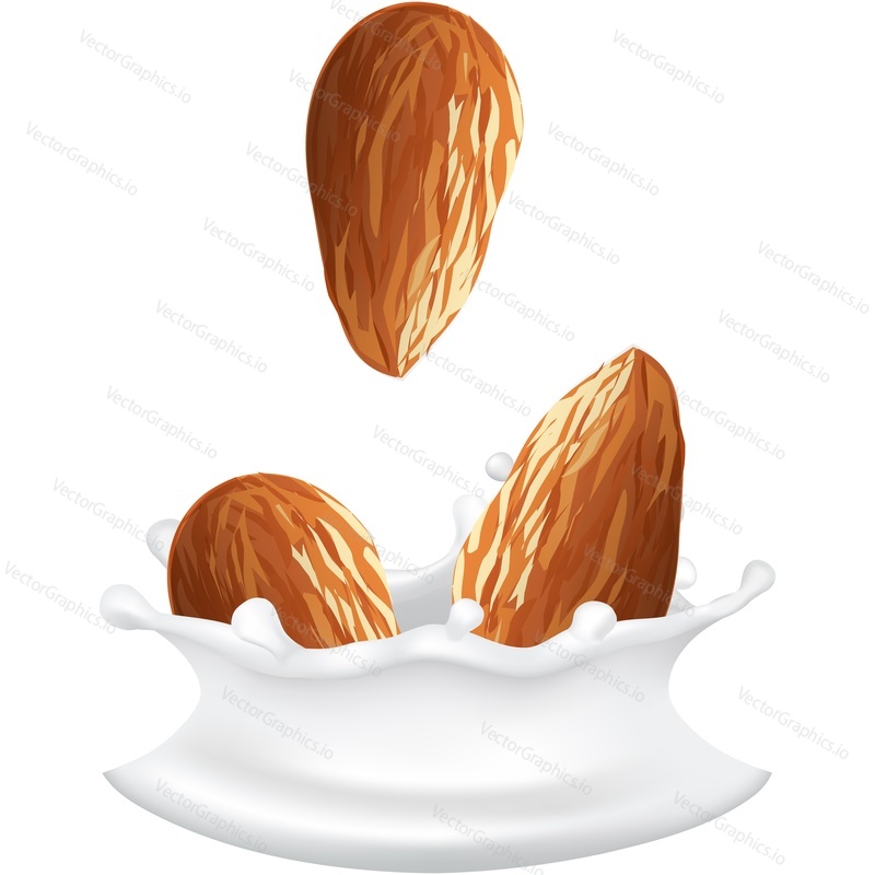 Almond in milk splash 3d design vector icon isolated on white background. Advertising mockup