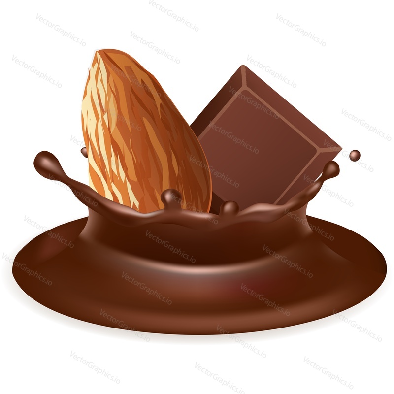 Almond seeds and chocolate slice in melted topping vector icon isolated on white background. 3d sweet dessert brand design element