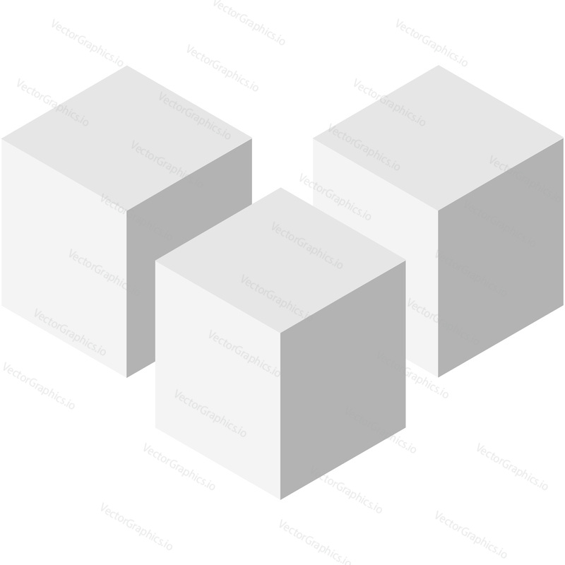 Three white 3d cube box vector icon. Perspective solid geometric block. Isometric blank model isolated