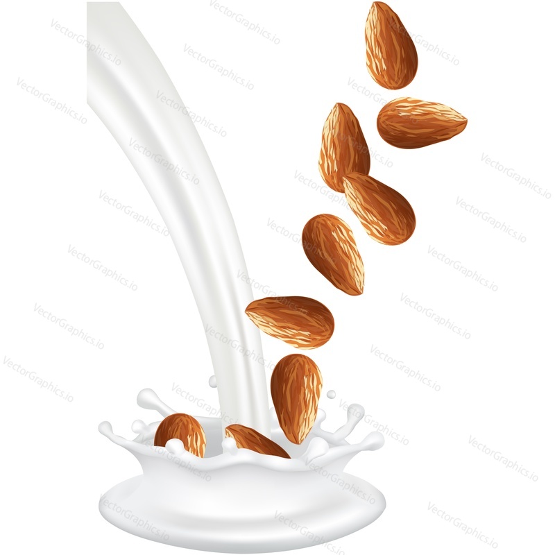 Pouring milk and falling almond seeds vector icon. Advertising mockup 3d design isolated on white background