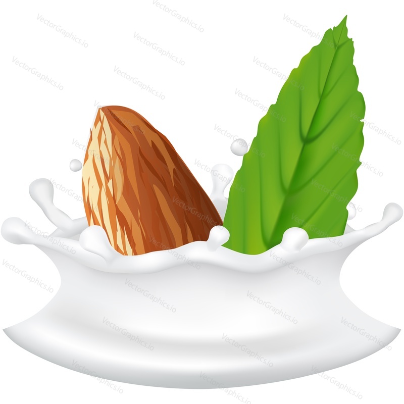 Almond seed with green leaf in milk splash 3d design vector icon isolated on white background. Advertising mockup