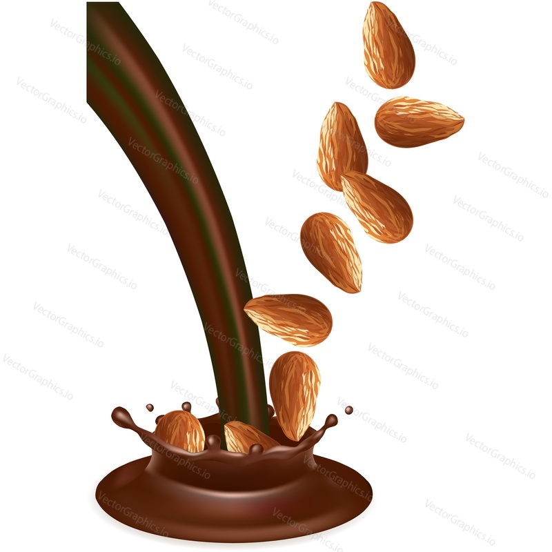 Falling almond seeds in chocolate flow realistic vector icon isolated on white background. 3d sweet dessert brand design element