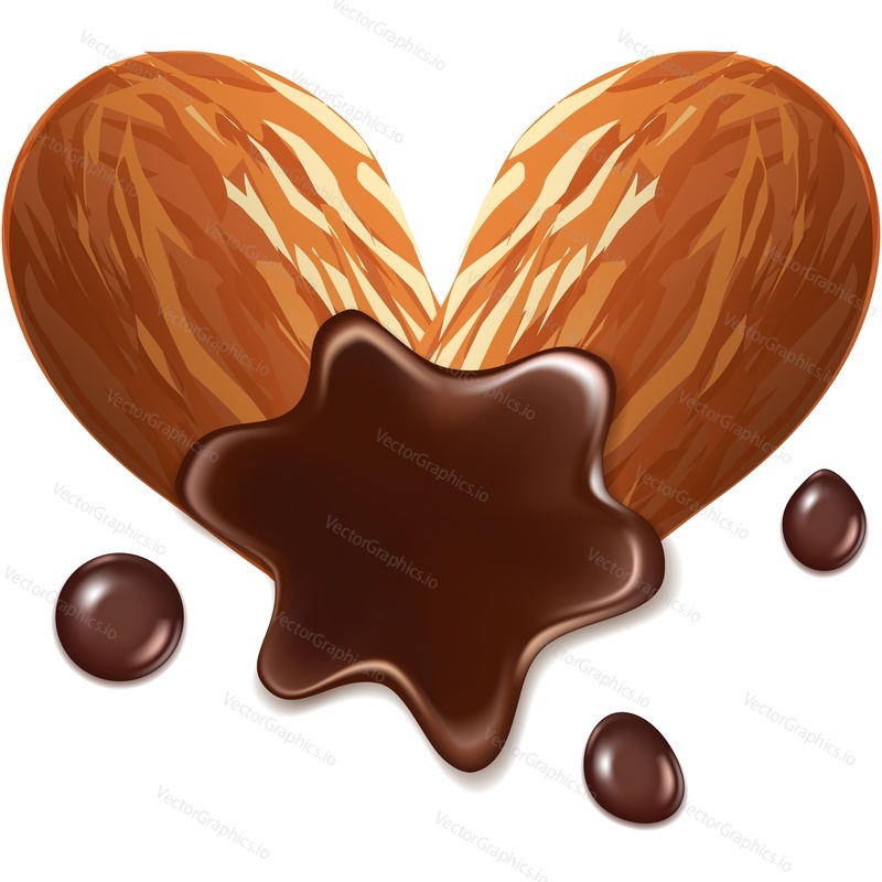 Almond seeds and melted chocolate splash vector icon isolated on white background. 3d sweet dessert brand design element