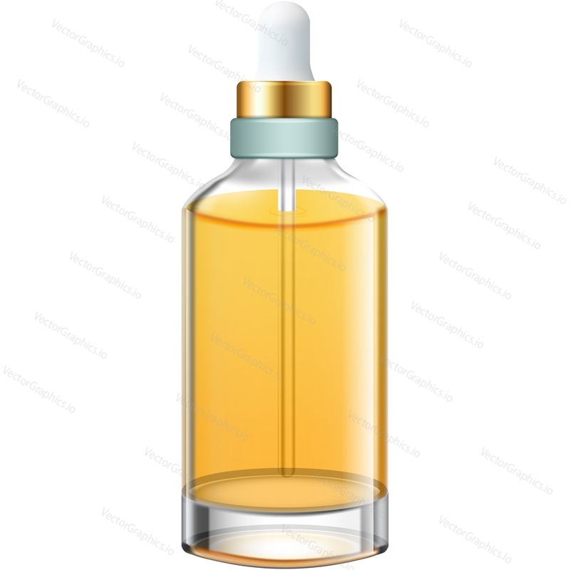 Almond oil bottle realistic vector 3d icon isolated on white background. Organic cosmetic product for face skin care