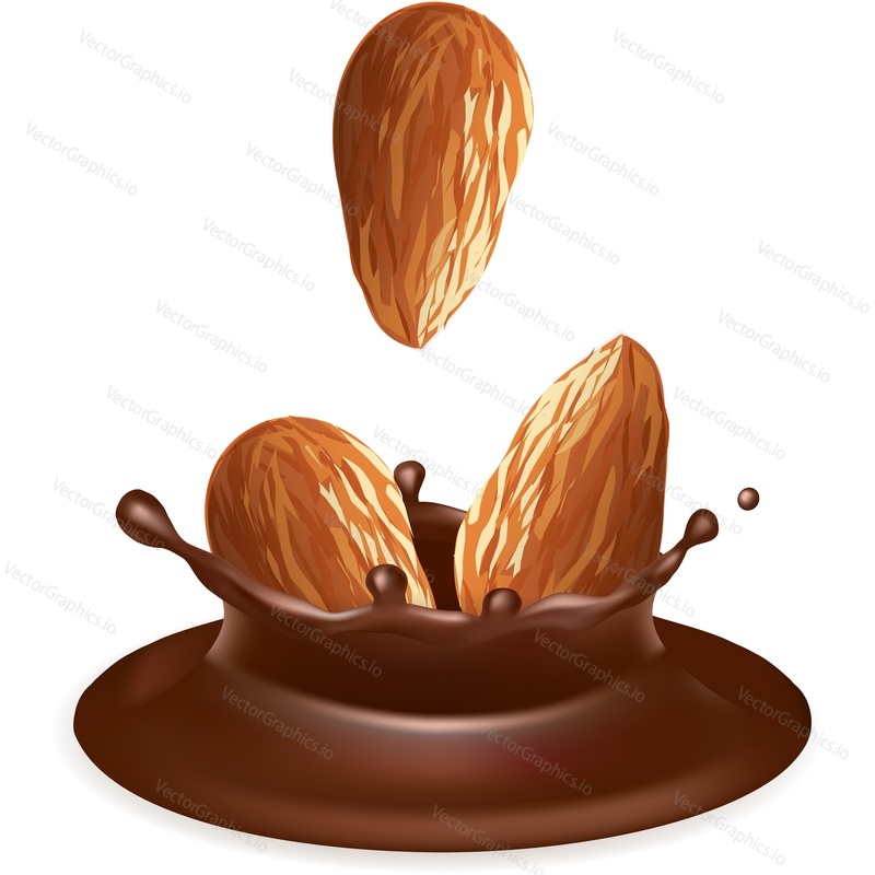 Almond seeds in melted chocolate vector icon isolated on white background. 3d sweet dessert brand design element