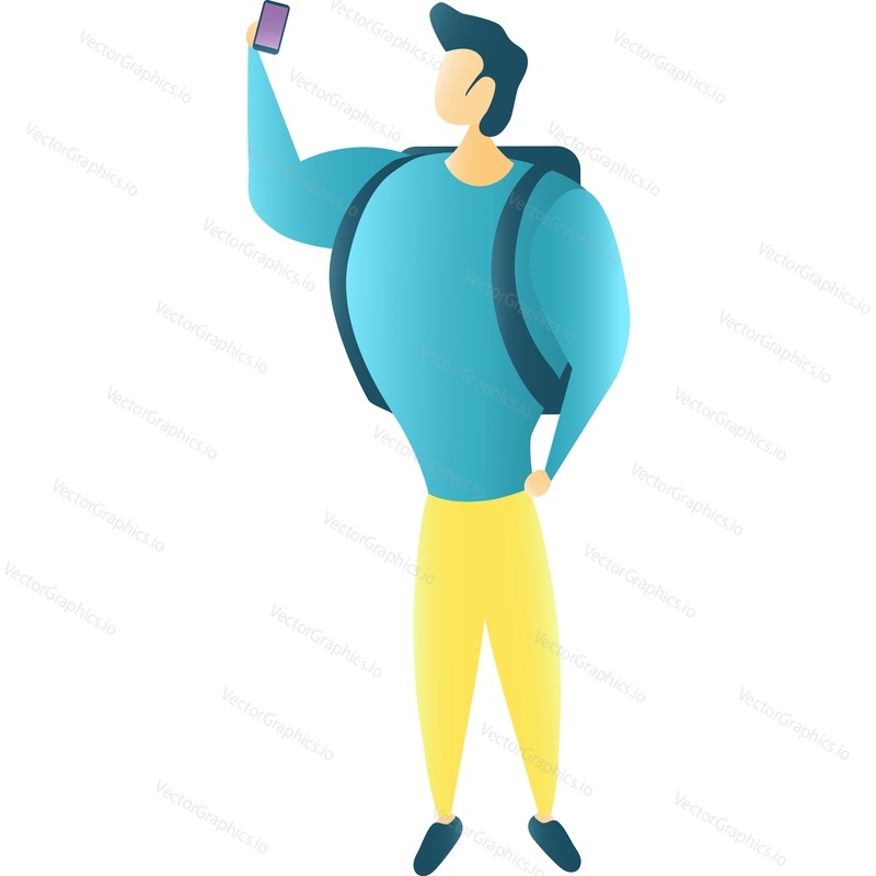 Travel icon. Vector man tourist making selfie on mobile phone camera standing isolated on white background. Guy character with backpack luggage enjoy trip adventure