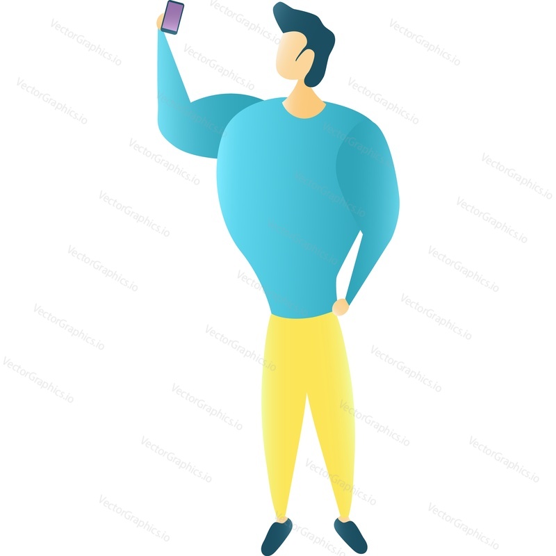 Handsome man character making selfie photo vector icon. Guy sportsman holding telephone isolated on white background