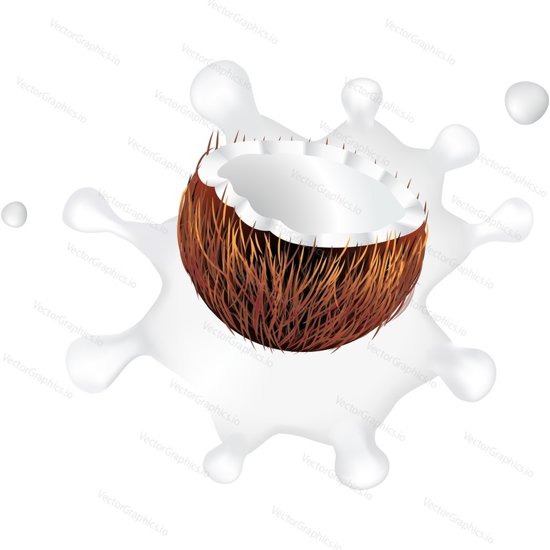 Exotic fruit coconut and drop splash of milk realistic vector icon. Design element for sweet products isolated on white background