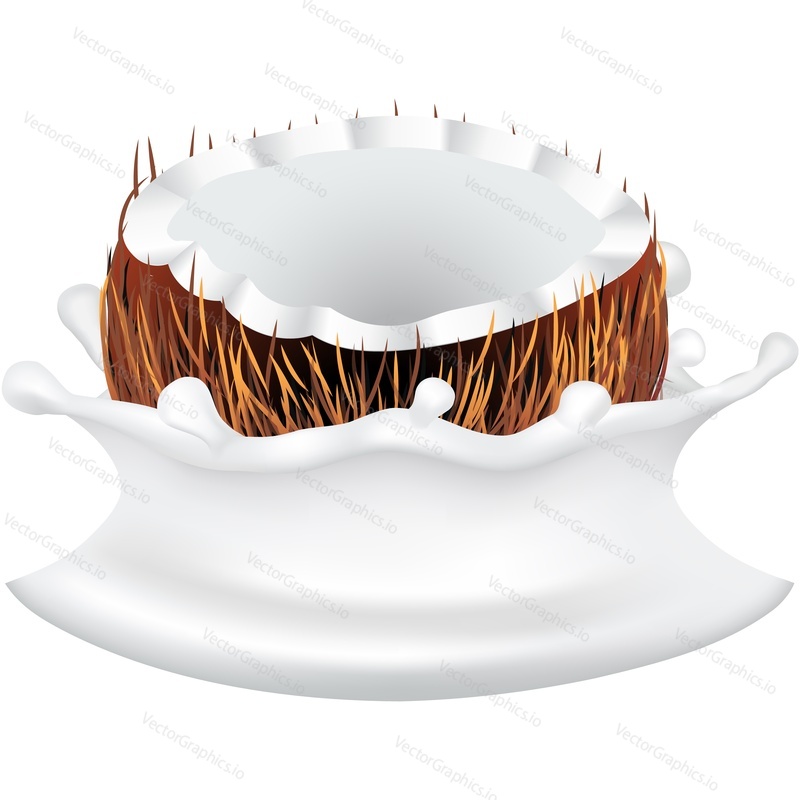 Cracked coconut shell in milkshake splash realistic vector icon. Design element for sweet products isolated on white background