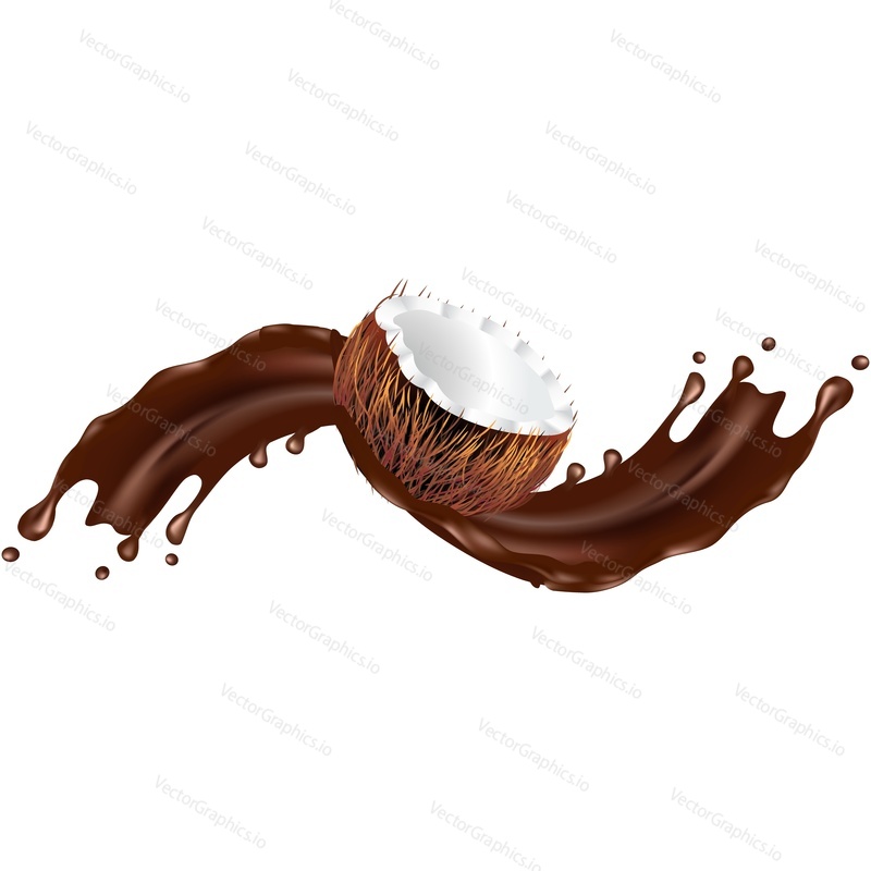 Coconut and splashing melted dark chocolate realistic vector icon. Design element for sweet products isolated on white background