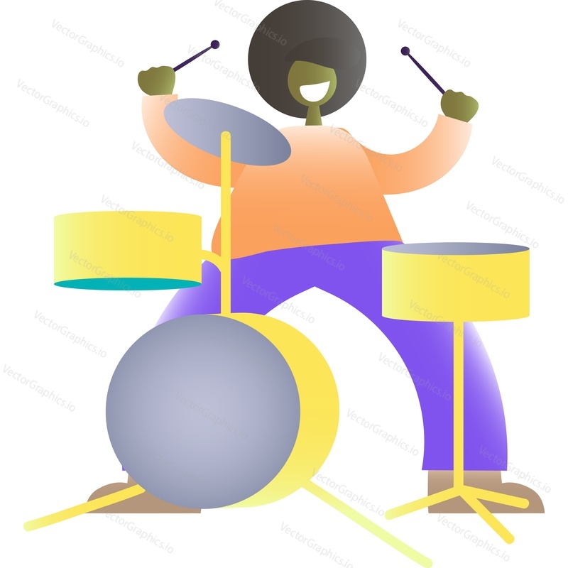 Drummer vector icon. Rock or jazz music player isolated. Musician character on white background