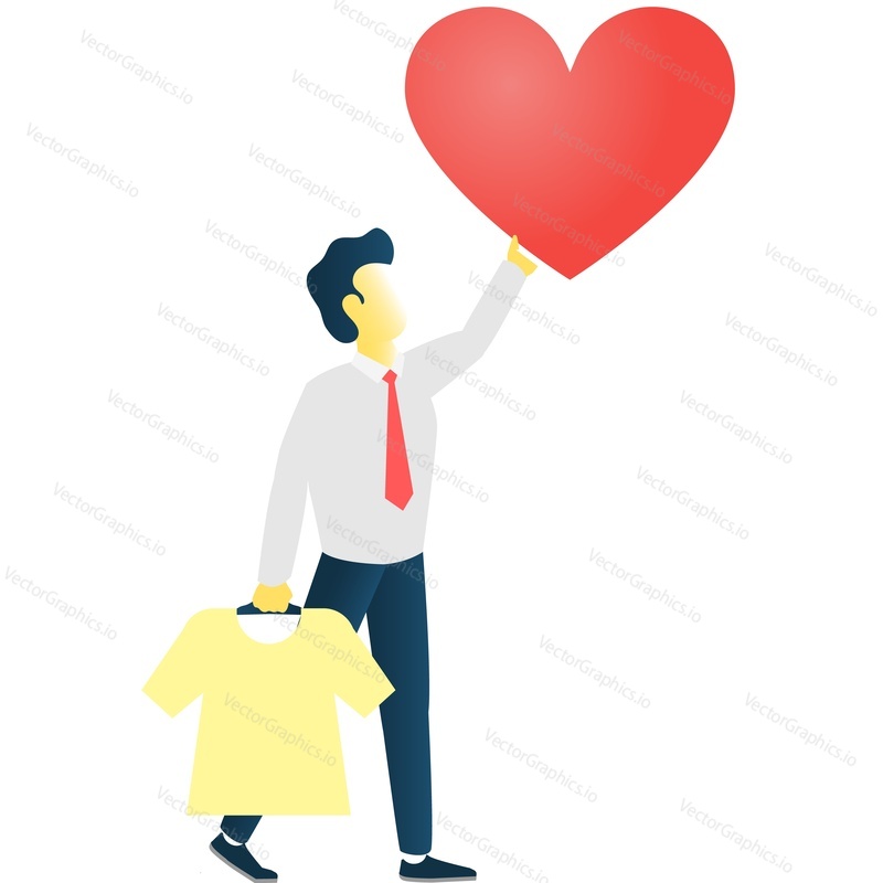 Man volunteer donating clothes vector. Charity and donation icon. Male character holding shirt and heart isolated on white background