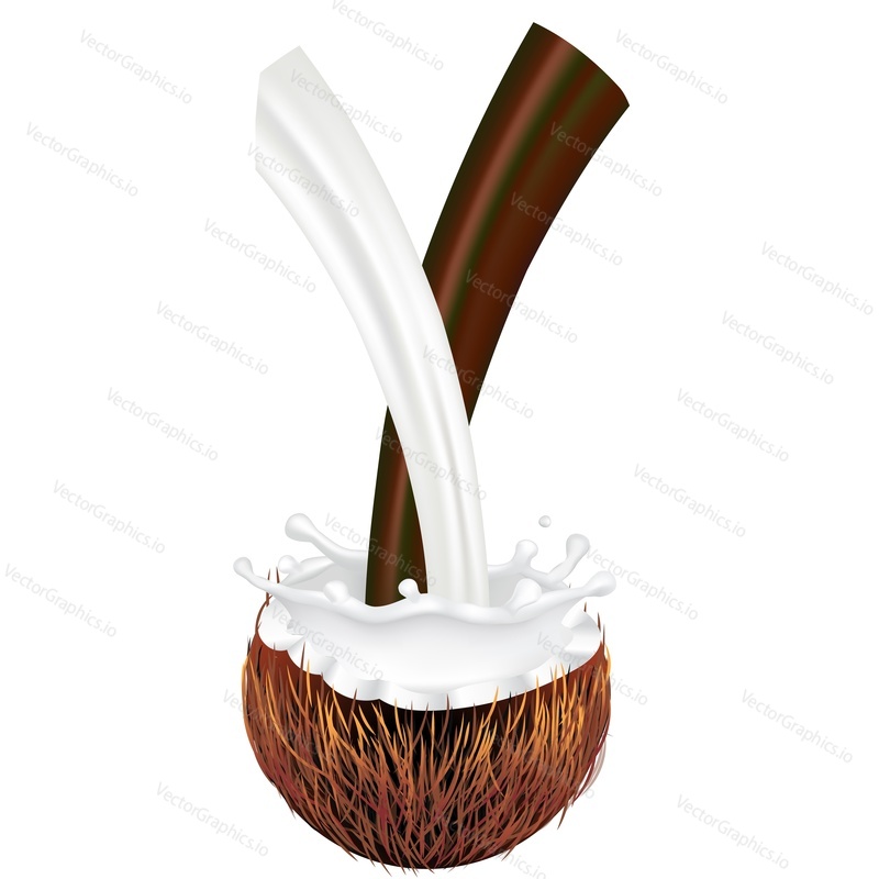 Milk and liquid chocolate pouring into coconut vector icon. Design element for sweet products isolated on white background