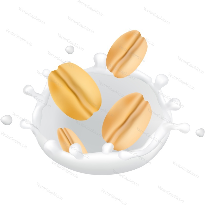 Oat sereals and splashing milk vector icon. Healthy food or drink package realistic design element isolated on white background