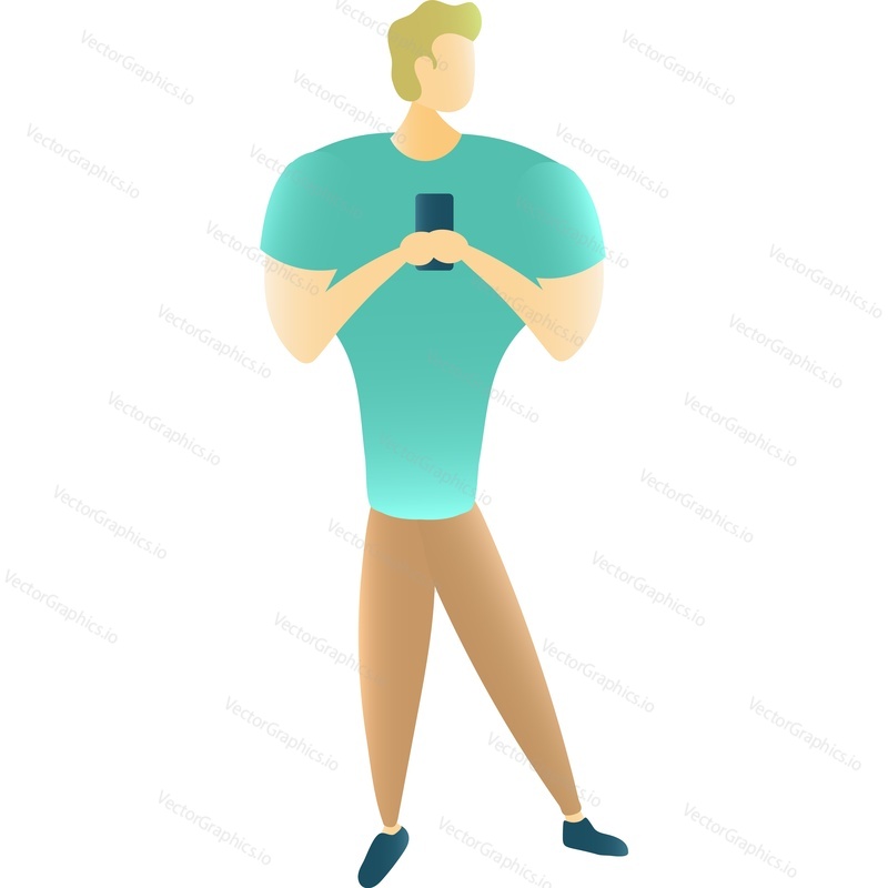 Handsome man character chatting by mobile phone vector icon. Guy student holding telephone isolated on white background