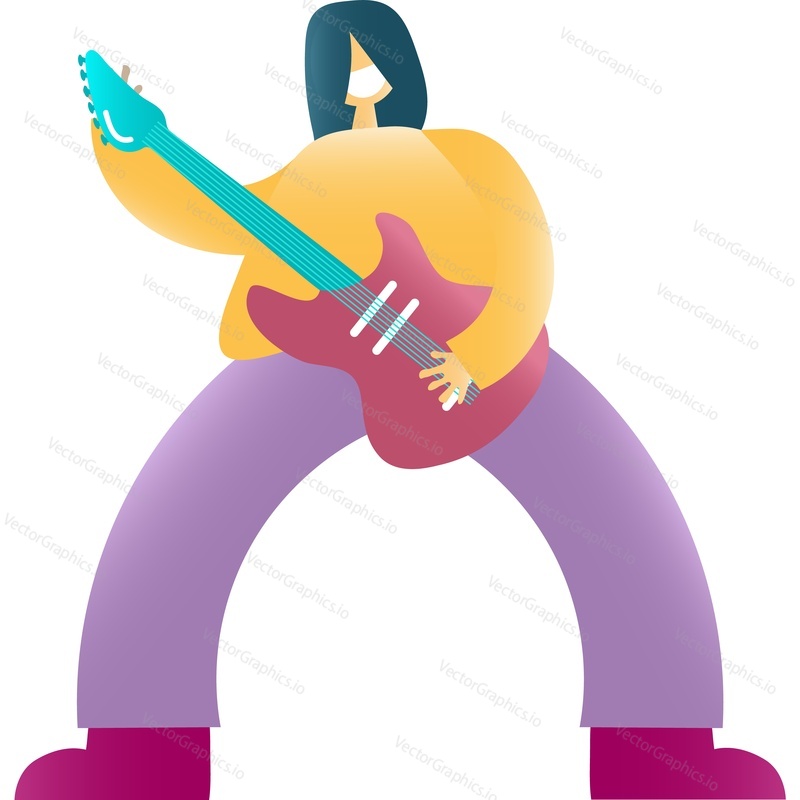 Guitarist vector. Woman character play guitar icon. Music artist isolated on white background. Jazz festival or rock performance