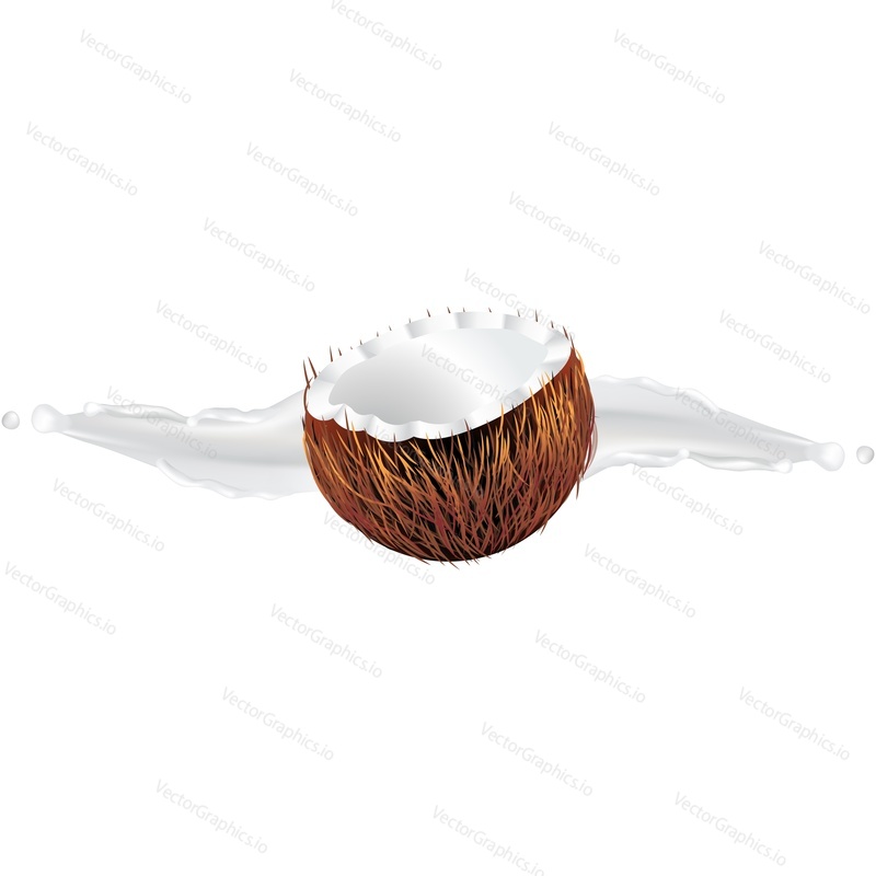 Cracked coconut over milk splash vector icon. Design element for sweet products isolated on white background