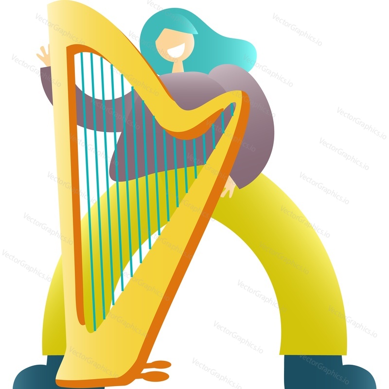 Harper orchestra play concert vector icon. Woman musician performance isolated on white background