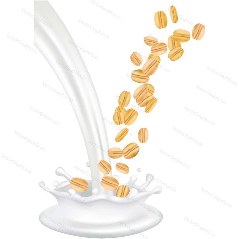 Pouring milk and falling oat flakes vector icon. Healthy food or drink package realistic design element isolated on white background