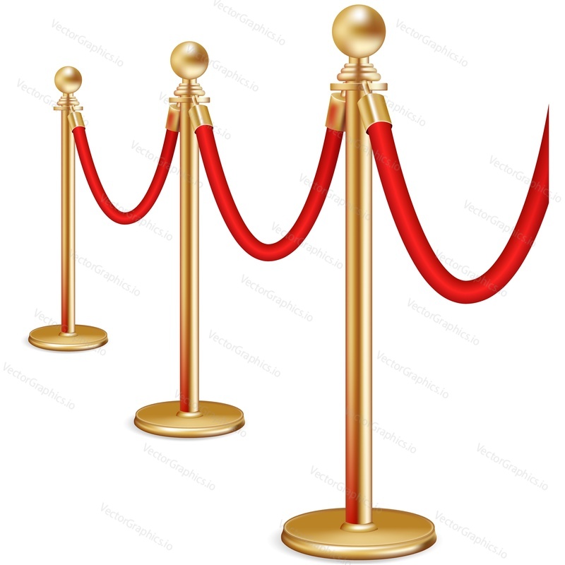 Cinema barrier with red rope realistic vector icon. Vip event gold stanchion fence isolated on white background