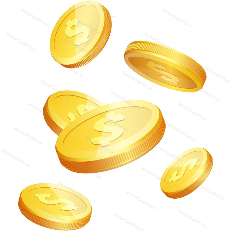 Falling dollar coin vector. Money icon. Golden currency rain isolated on white background