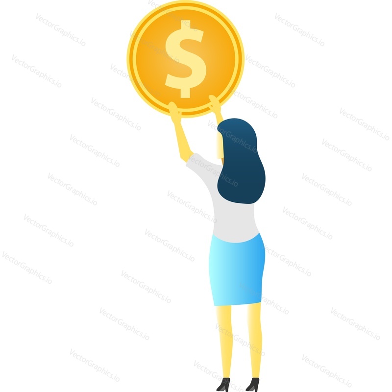 Woman volunteer donating money vector. Charity and donation icon. Female character carrying gold dollar coin isolated on white background