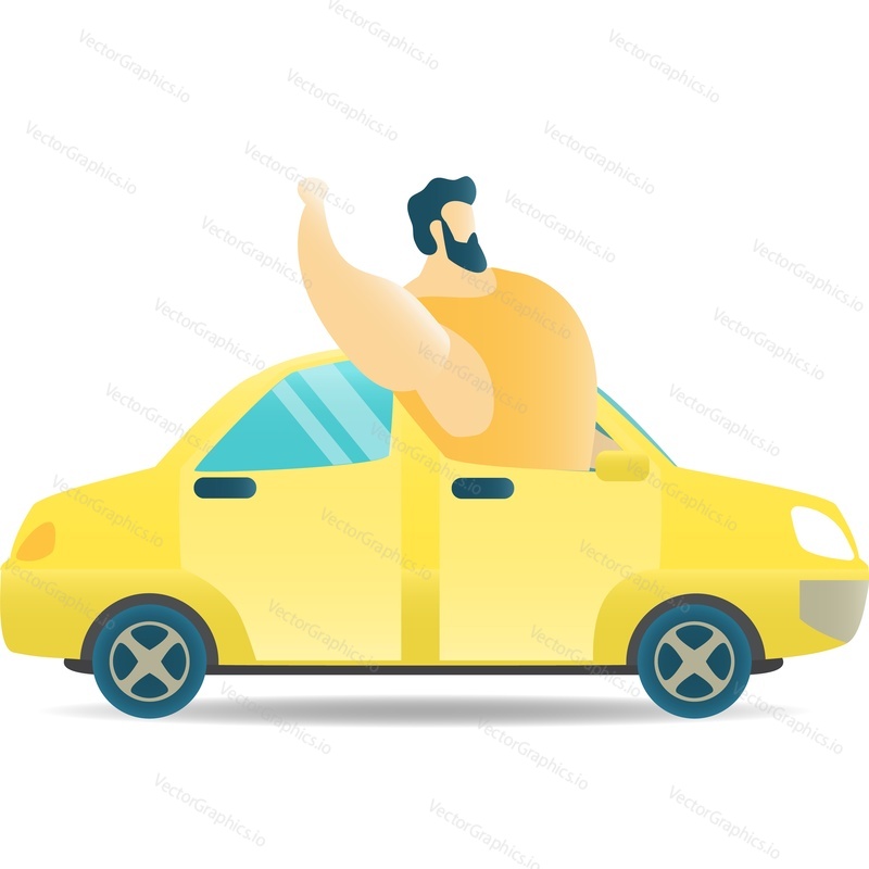 Happy man driving car looking out of window vector icon. Excited male driver character isolated on white background