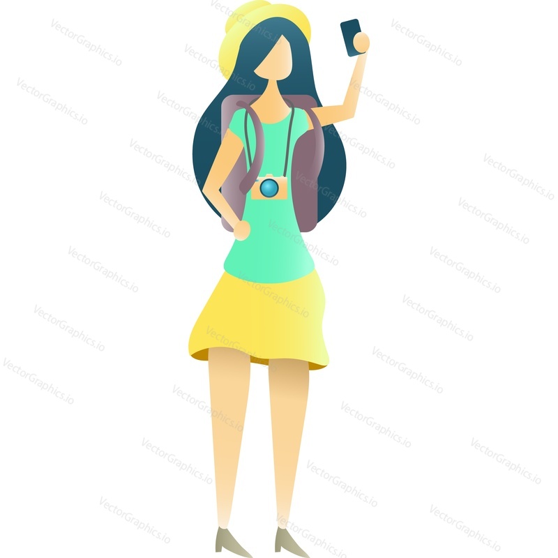 Travel icon. Vector woman tourist making selfie on mobile phone camera standing isolated on white background. Girl character with backpack luggage enjoy trip adventure