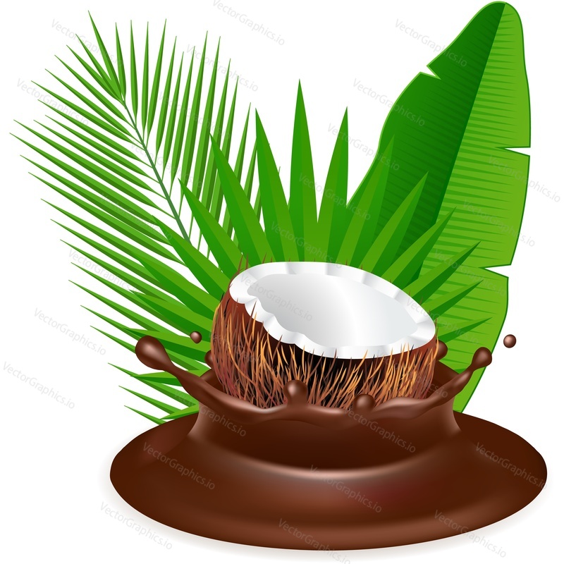 Coconut in chocolate splash over green palm leaves vector icon. Realistic design element for dessert products isolated on white background