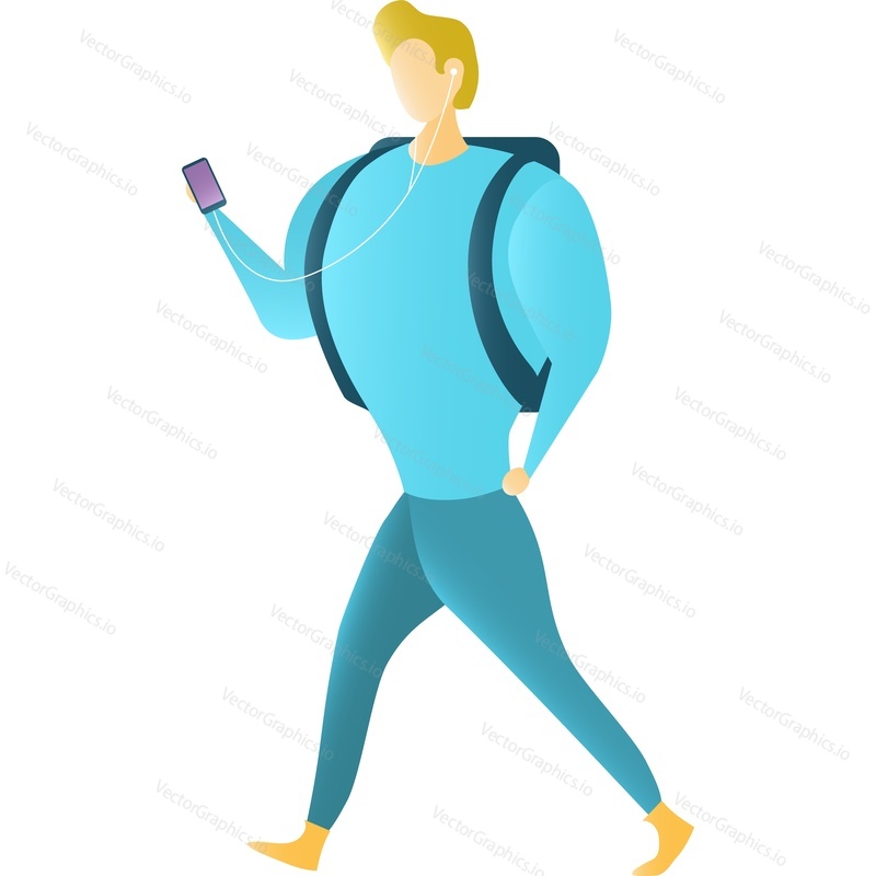 Student walking listen to music on mobile phone vector icon. Guy with gadget addiction isolated on white background