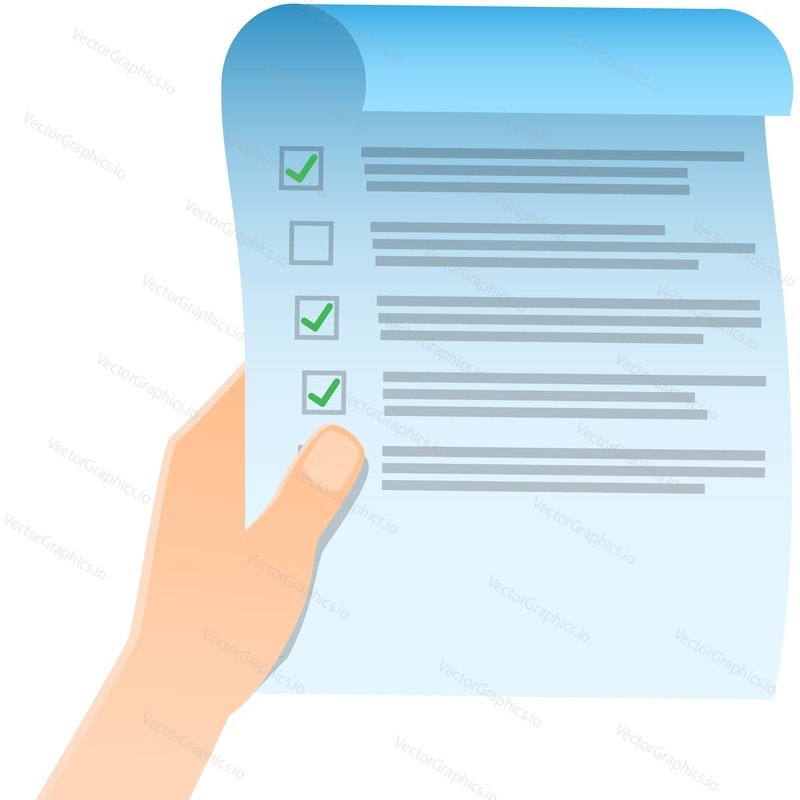 Checklist in hand icon. Vector survey form, questionnaire document with tick mark in checkbox isolated on white background