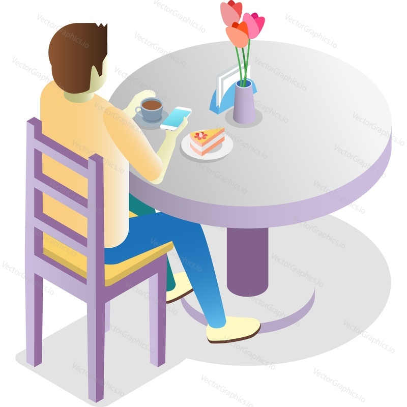 Man with mobile phone at coffee shop vector icon. Male character surfing internet sitting at table isolated on white background