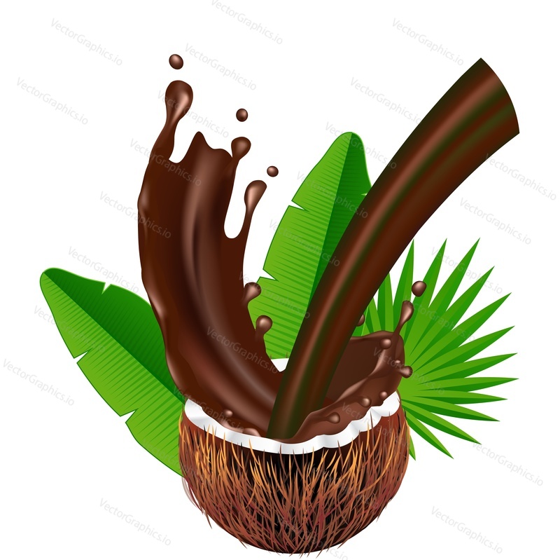 Pouring liquid melted chocolate in coconut vector icon. Realistic design element for dessert products isolated on white background